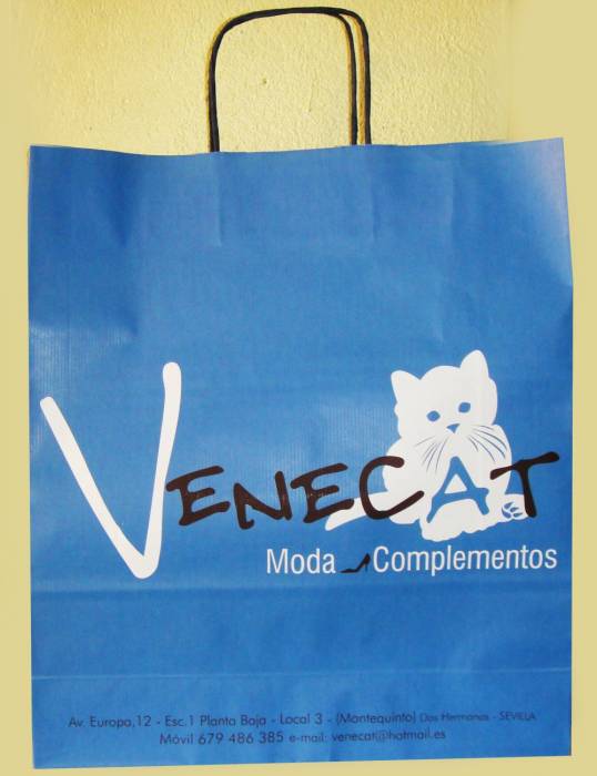 Bolsa de papel económica en 2 tintas, asa risada. Venecat Montequinto Sevilla