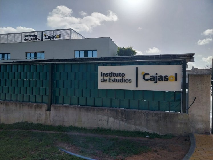 R&oacute;tulos en letras corp&oacute;reas iluminadas con led, Instituto Cajasol. Trabajo para el Grupo Recio en Sevilla.