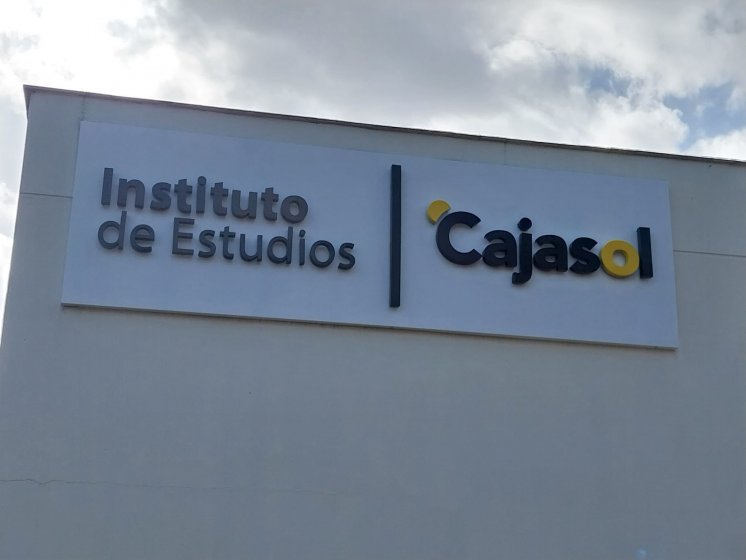 R&oacute;tulos en letras corp&oacute;reas iluminadas con led, Instituto Cajasol. Trabajo para el Grupo Recio en Sevilla.