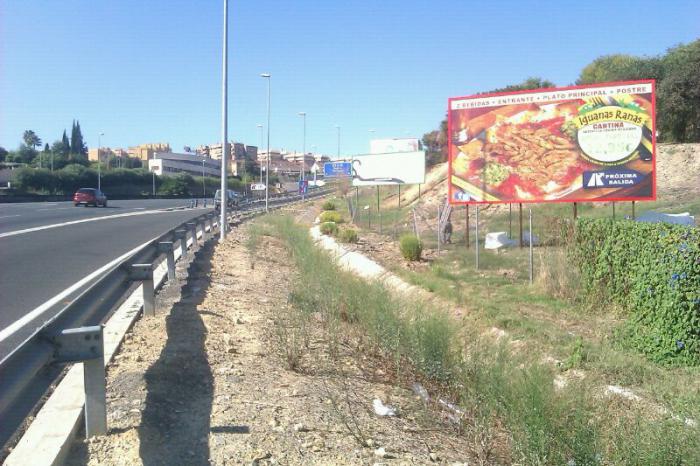 Valla publicitaria o cartelera, as&iacute; como cartel de obra  panelable y rotulada con vinilo. Iguanas Ranas Sevilla