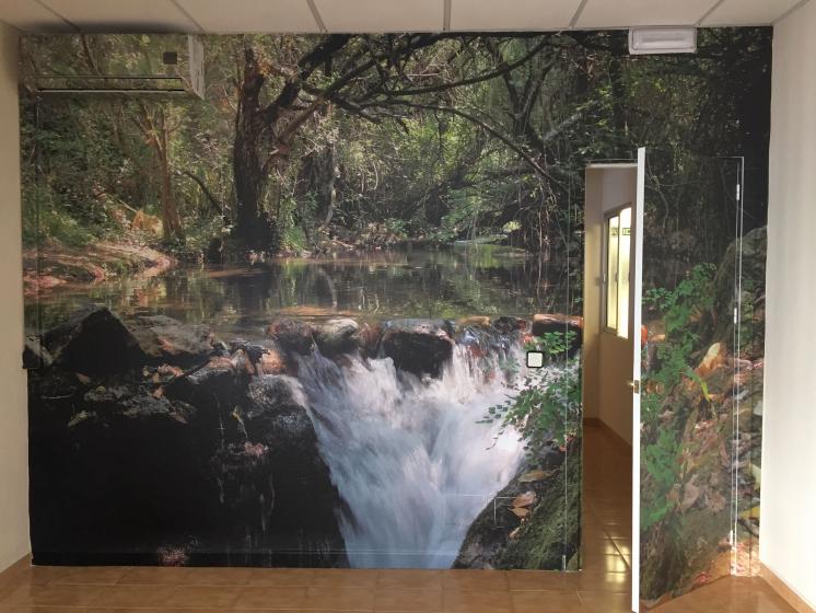 Fotomural de río majaceite del Bosque a Benamahoma Cádiz. Rotulación en vinilo especial de pared para despacho en Dos Hermanas Sevilla