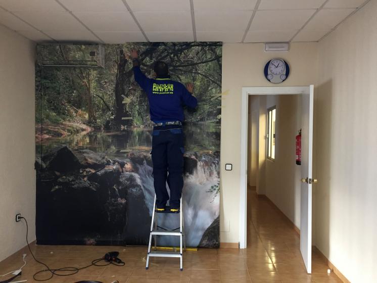 Fotomural de río majaceite del Bosque a Benamahoma Cádiz. Rotulación en vinilo especial de pared para despacho en Dos Hermanas Sevilla