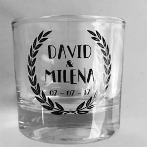 Vaso de cristal chupito, serigrafiado ó grabado en tinta al horno para boda. Sevilla