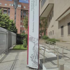 Rótulo Totém Homologado en colores corporativos para la Facultad de Enfermería, Fisioterapia y Podología de la Universidad de Sevilla.