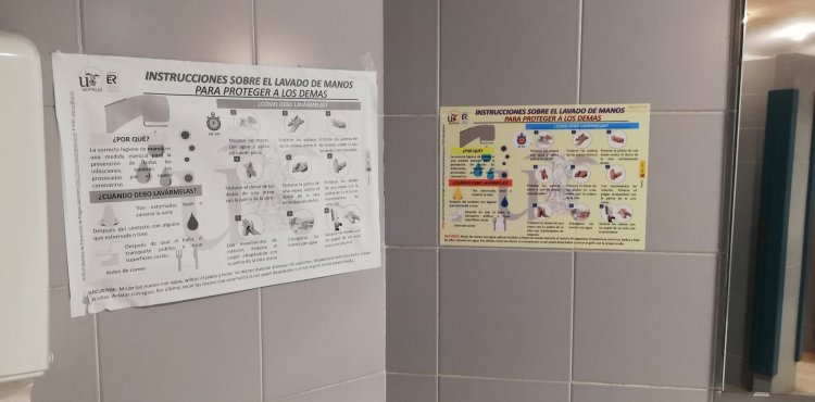 Rotulación y señalización de suelos y cartelería frente al coronavirus covid 19 en Pabellón de México de la Universidad de Sevilla.