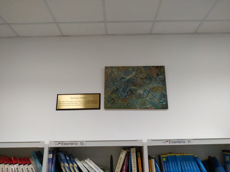 Rótulo en placa de latón fresado en bajo relieve y relleno de tinta, sobre base o metopa de madera, para la Universidad de Sevilla.