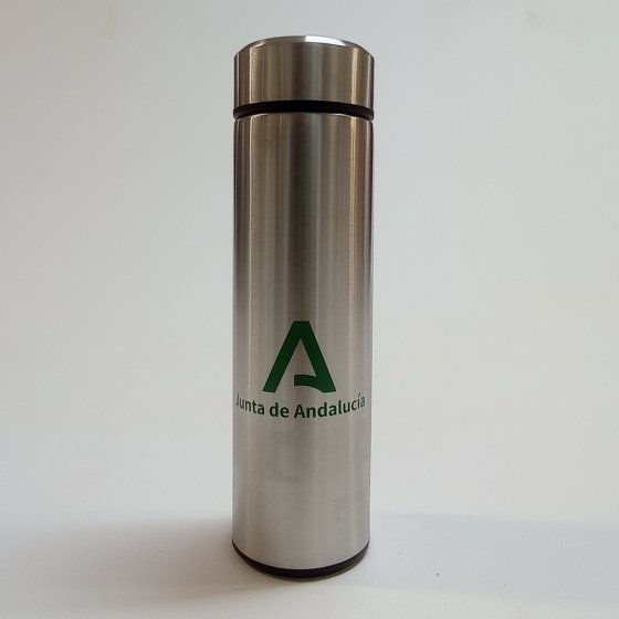 Merchandising o reclamo publicitario, termo acero inoxidable serigrafiado para Protocolo de la Junta de Andalucía en Sevilla.