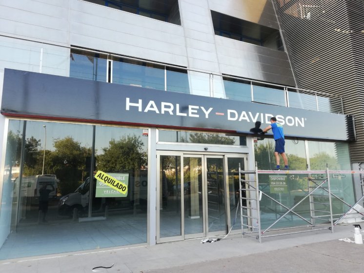 Rotulación de cristales, con vinilo microperforado en impresión digital para Harley Davidson Sevilla.