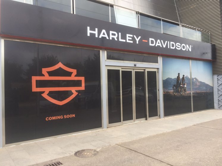 Rotulación de cristales, con vinilo microperforado en impresión digital para Harley Davidson Sevilla.