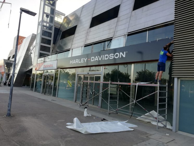 Rotulación de cristales, con vinilo microperforado en impresión digital para Harley Davidson Sevilla.